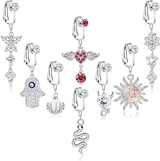 JOERICA 8 Pcs Fake Belly Rings for Women Stainless Steel Clip on Belly Button Rings Evil Eye Snake Butterfly Heart with Wing Opal CZ Fake Belly Button Piercing Navel Non Piercing Jewelry