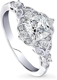 BERRICLE Sterling Silver Halo Wedding Engagement Rings Cushion Cut Cubic Zirconia CZ Art Deco Ring for Women, Rhodium Plated Size 4-10
