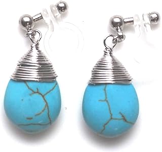 Japanese-Designed Dangle Gemstone Clip-On Earrings for Women, with Blue Turquoise & Garnet, Perfect for Non-Pierced Ears