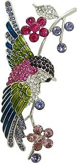 Pin Closure, Silver Bird and Flower Brooch with Sparkling Colored Crystals, Sophisticated Accessory for Women, Swallow Design