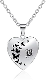 Stainless Steel Initial Locket Necklace with Lobster Clasp & Cable Chain, Adorned with Synthetic Crystals for Her, Heart Shaped Butterfly Design