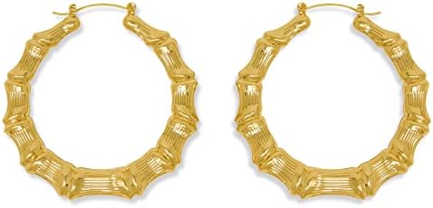 Gold Plated Rounded Large Bamboo Hoop Earrings for Women Oversized Hip Hop Hoop Earrings, 65mm/2.5 inches, Included Fancy Gift Jewelry Box