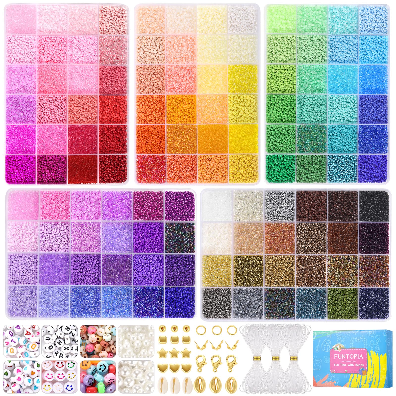 Funtopia 120-Color Seed Beads Kit: Diverse Tiny Glass, Plastic & Metal Beads for DIY Bracelet & Jewelry Making with Alphabet & Smile Face Beads Designs, for Adults, Gift Box Edition
