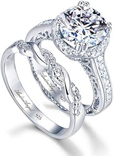 Solid Sterling Silver 925 Rhodium-Platinum Plated | Engagement Ring Set Promise 2.5 Carats Round Cut Cubic Zirconia Stones Grade AAAAA+ Alternative to Diamonds | Wedding Anniversary Bridal Valentines Day | Design A30