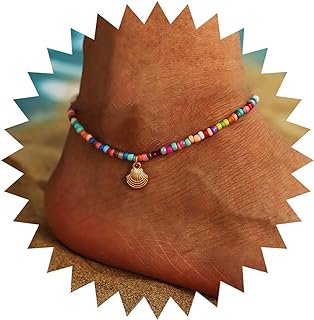 Andelaisi Boho Seed Bead Anklets Rainbow Rice Bead Ankle Bracelet Scallop Pendant Ankle Chain Bracelet Colorful Bead Ball Foot Chain Jewelry for Women and Girls