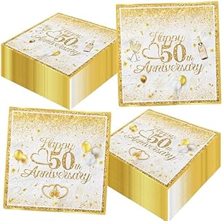 50th Wedding Anniversary Decorations,40pcs Happy 50th Anniversary Napkins Disposal White and Gold Napkins for Cheers to 50 Years Party Supplies,50th Birthday Party Favors