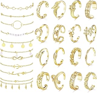 LOLIAS 25Pcs Anklets and Toe Rings for Women Silver Gold Plated Toe Rings Layered Ankle Bracelets Flower Evil Eye Toe Rings for Summer Sandals Foot Jewelry Set Adjustable