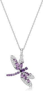MORGAN & PAIGE .925 Sterling Silver Genuine African and Brazilian Amethyst with White Topaz 1-1/3" Dragonfly Pendant Necklace on 18" Chain