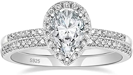 EAMTI 1.5CT 925 Sterling Silver Wedding Band Teardrop Bridal Rings Sets Halo Cubic Zirconia Solitaire Promise Engagement Rings for Women Size 3-13