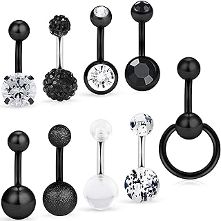 Dyknasz Set of 9 Short Belly Button Rings with Stainless Steel Chain and Cubic Zirconia Gems for Women and Girls, Dangle Design
