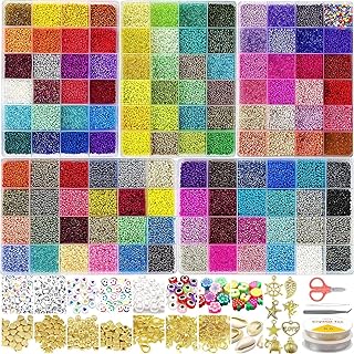 VTSHENY Colorful 54000pcs Glass Seed Bead Necklace Making Kit in Golden/White Metal with Jump Rings & Charms Pendants for Kids & DIY Enthusiasts, Flower Design