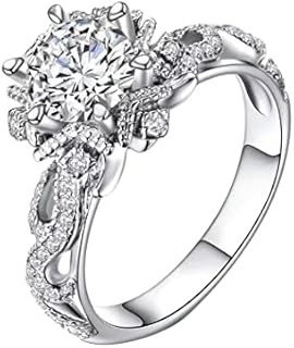 Round Cut Cubic Zirconia CZ Halo Wedding Engagement Ring, Snowflake Rhinestone Flower Simulation Diamond Ring for Women Bride Jewelry Gifts