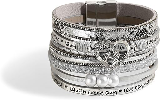Long tiantian Leather Wrap Bracelet for Women Cuff Bracelet with Heart-shape Pearl Decor Bohemian Multilayer Bracelet Jewelry with Clasp Bangle Bracelet for Birthday Mother's Day Gift(S)