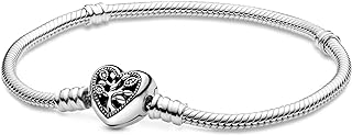 PANDORA Moments Family Tree Heart Clasp Snake Chain Bracelet - Compatible with PANDORA Moments Charms - Sterling Silver, CZ & Black Enamel Charm Bracelet - Mother's Day Gift - With Gift Box
