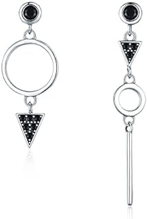 WOSTU Hypoallergenic Asymmetrical Triangle Drop Earrings, 925 Sterling Silver with Black Geometric Circle and Cubic Zirconia, Post with Fiction Back Design for Women and Girls