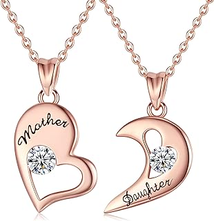 EUDORA Sterling Silver Mother Daughter Heart and Moon Pendant Necklaces, Set of 2 with Rolo Chain & Lobster Clasp, Embellished with Cubic Zirconia for Mom & Daughter, Special Gift for Mother's Day or Birthday