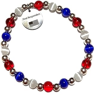 First Responder Awareness Charm With an American Flag, Beaded Bracelet, 7.75 Inches, Red, White & Blue Colors, Cat's Eye Beads, Handbeaded in the USA