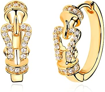Chic Horseshoe Hoop Earrings with Cubic Zirconia for Women, Hinged Back Yellow Gold Plated Brass Design, Handcrafted and Hypoallergenic Everyday Jewelry