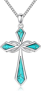 Silver Turquoise Cross Pendant Necklace with Rolo Chain, Lobster Clasp for Women, Infinity Design