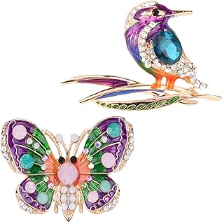 SELOVO 2 Pcs Vintage Enamel Butterfly & Hummingbird Brooch Set with Butterfly Clasp & Glittering Rhinestones