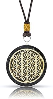 Handcrafted Black Tourmaline Crystal Orgone Necklace with Flower of Life Design, Adjustable Cord Chain & Spring Ring Clasp