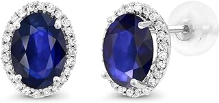 10K White Gold Push Back Sapphire and Diamond Halo Stud Earrings for Women, Oval 7X5MM Design
