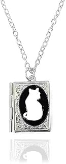 Zian Cameo Cat Necklace Book Necklace Book Lock Necklace Square Necklace Photo Locket Book Lovers Necklace