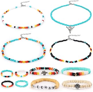 12PCS Western Bead Choker Bracelet Ring Set Glass Seed Bead Necklaces Rings Heishi Beads Bracelets Cowgirl Western Jewelry Tribal Print Bohemian Turquoise Bull Cactus Sunflower Women Girls Gift
