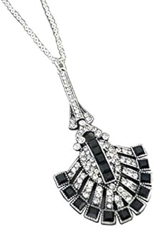 Art Deco Vintage Antique Flapper Gatsby Style Wedding Bridal Jet Black Onyx Rhinestone 18" inch Sterling Silver Chain Pendant Necklace