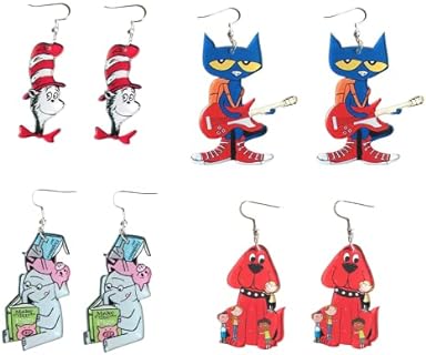 Cute Animal Acrylic Dangle Drop Earrings Funny Creative Charm Cartoon Guitar Cat Red Dog Elephants Earrings for Women Girl Student Back To School Earrings Birthday Gifts Jewelry Teacher Appreciation Gifts-4 Pairs