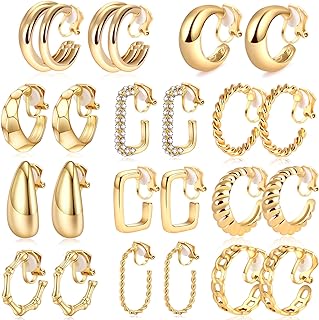 11-13 Pairs Gold Silver Clip on Hoop Earrings for Women Retro Clip on Earrings Twist Triple CZ Square Chunky Hoop Earrings Geometry Clip Earrings No Piercing Fake Earrings
