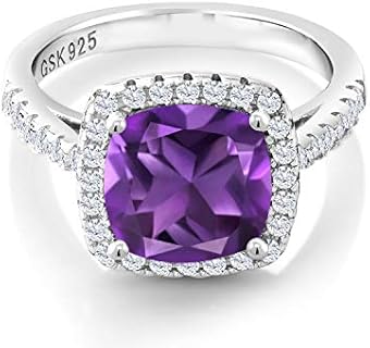 Gem Stone King 925 Sterling Silver Purple Amethyst and White Created Sapphire Engagement Ring For Women (2.60 Cttw, 8MM Cushion Cut, Gemstone Birthstone, Available in size 5, 6, 7, 8, 9)