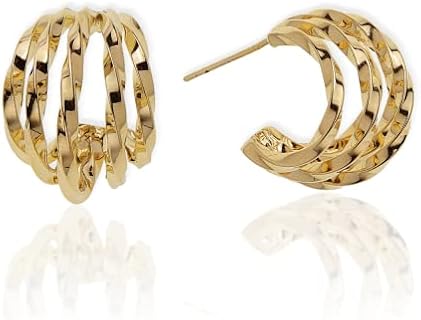 Stainless Steel Multi Hoop Earrings with Cubic Zirconia, Push Back Design for Women and Girls - Sonateomber Gold C Shaped Wrap Earring