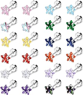 Drperfect 12Pairs CZ Stud Earrings for Women Men Stainless Steel Multicolor Star Cubic Zirconia Earrings Studs Cartilage Helix Earring Stud Set 3MM-6MM