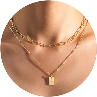 Honsny Layered Initial Necklaces for Women, 14K Gold Plated Layering Paperclip Chain Dainty Letter A-Z Name Tag Pendant Choker Necklace for Teen Girls Trendy Gold Jewelry