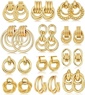 12 Pairs Gold Statement Geometric Hoop Dangle Drop Earrings for Women Girls Chunky Trendy Knot Stud Long Twisted Link Earring Dupes Fashion Jewelry Gifts