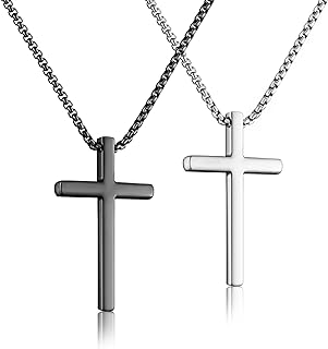 2Pcs Cross Necklace for Men,Stainless Steel Cross Pendant Box Chain Jewelry Gifts for Men Women Boys Girls 16-30 Inch Black+Silver