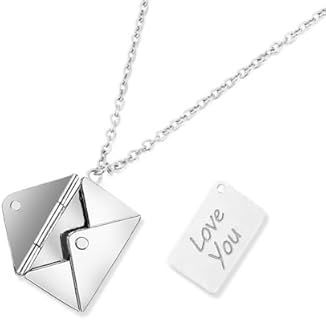 Lover Envelope Necklace with Stainless Steel Card Engrave Love You Hidden Message Secret Locket Pendant Can Open Envelope Lovers Fashion Necklace Jewelry Promise Gift for Wife Mom Girlfriend Couples