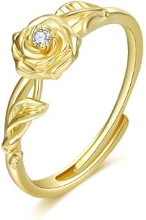 Gold Birthstone Rings for Women,Dainty 14K Gold Plated Birthstone Flower Ring Adjustable Birth Month Gold Ring for Teen Girls Unique Non Tarnish Stackable Finger Simple Birthday Gifts Birthstone Jewelry