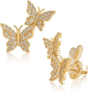 Zircon Butterfly Stud Earrings - 14K Gold Plated CZ Pave Butterfly Earrings for Women，Good Gift for Sister,Lover
