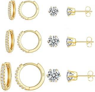 Huggie Hoop and Stud Earrings Set 14K Gold Plated 925 Sterling Silver Post Cartilage Piercing Earrings Gold Stud Earrings Set for Teen Girls/Women/Men