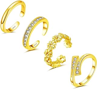 mynakaz 4PCS 14K Gold Filled Toe Rings for Women Adjustable Hug Flower Simple Band CZ Toe Ring Set Open Adjustable Toe Rings Summer Beach Foot Jewelry Set