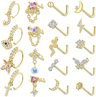 18Pcs 20G Dangle Nose Rings for Women Surgical Steel L Shape Nose Stud Rings Cute Flower Butterfly Heart Evil Eye Opal CZ Dangling Nose Piercing Jewelry