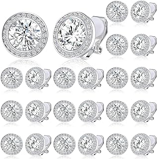 Bonuci 12 Pairs Dance Earrings Rhinestone Clip on Earrings Silver Crystal Round Stud Earrings Jewelry for Women