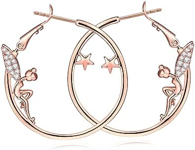 Tinkerbell Inspired 30mm 14K Gold Plated Hoop Earrings with Cubic Zirconia & Hinged Hoop Back Finding - Hypoallergenic Brass