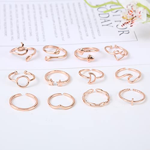 12Pcs Adjustable Rings for Women Cute Star Moon Heart Wave Snake Ring Set Thumb Knuckle Stackable Rings Band Jewelry