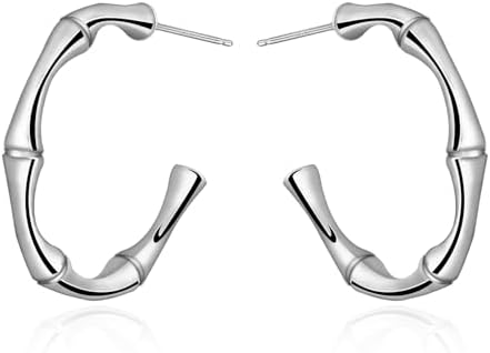 Bamboo Hoop Earrings-925 Sterling Silver Earrings Hypoallergenic Silver Bamboo Earrings for Women Trendy