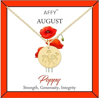 AFFY Birth Flower Necklace Gold Plated Engraved Custom Floral Pendant Necklaces Dainty Birth Month Flower Disc Charm Hand Stamped Flower Disc Necklace, Mother's Day Gift For Her