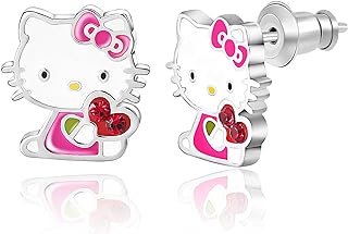 Hello Kitty Stud Earrings, Sanrio Silver-Plated Crystal Earrings for Women, Officially Licensed Hello Kitty Jewelry