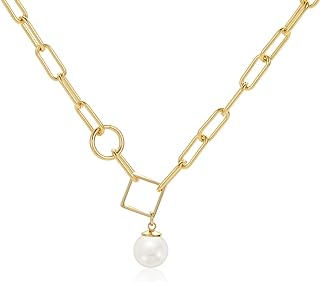 Mesovor 16K Gold Plated Paperclip Chain Necklace with Single Pearl Pendant for Women - Unique Design Necklace